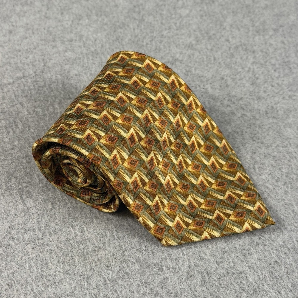 Vintage Florsheim 100% Silk Geometric Tie Gold Green Made Korea 56x4"